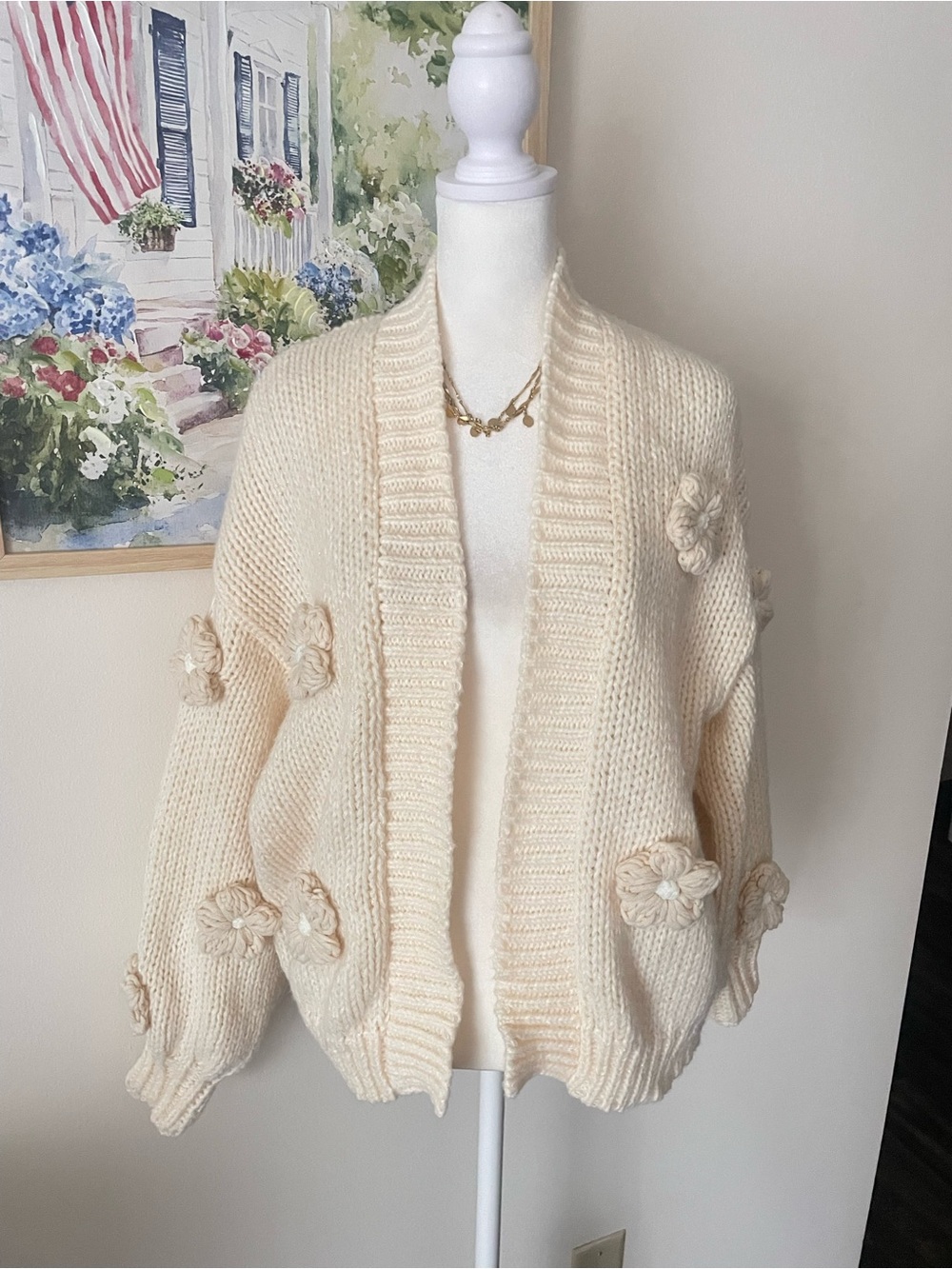 Anthropologie Maeve Susannah 3D Metallic Floral Cardigan Sweater Cream One Size - Picture 2 of 5